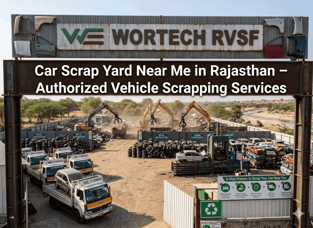 ​A realistic view of Wortech RVSF car scrap yard in Rajasthan featuring claw excavators and vehicle recycling operations.