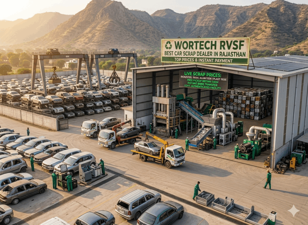 Best car scrap dealer in Rajasthan WORTech RVSF car recycling facility with scrap vehicles, metal processing units, and workers handling eco-friendly vehicle scrapping operations